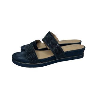 Antonio Melani navy blue & tan rhinestone bedazzled Slip-On Sandals 10